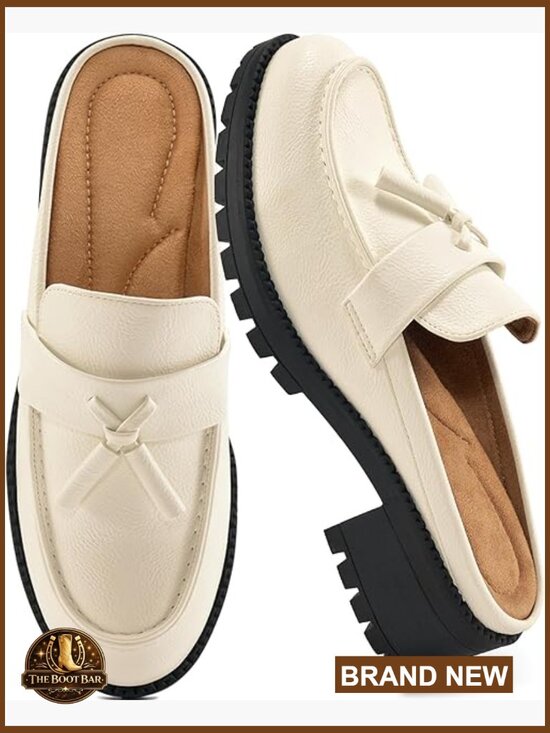 Shoes - Mules for Women Backless Closed Toe Loafers Slip On Chunky Heel Tassel Office